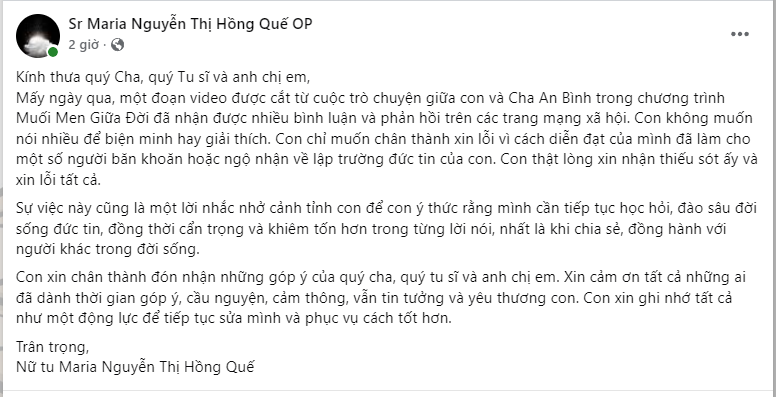 Sơ Maria Nguyễn Thị Hồng Quế lên tiếng xin lỗi sau những tranh luận trên mạng xã hội