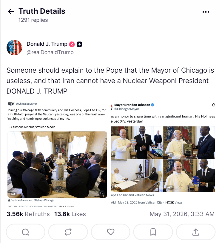 Ông Trump nói Đức Giáo hoàng cần được giải thích về Iran
